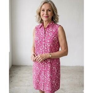 TravelSmith Womens Pink Ikat Sleeveless Button Front Shirt Dress Sz M Excellent
